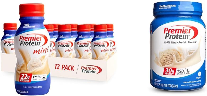 Premier Protein Shake MINIs Vanilla 22g Protein 120 Calories Confezione di 12 & Powder Vanilla Milkshake 30g Protein 17 Serve 23.3 Ounces