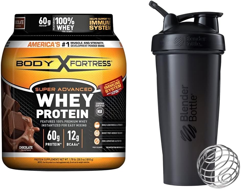 Fortezza corpo Super Advanced Whey Protein Powder, Cioccolato (1.78 lbs) e BlenderBottle Classic Shaker Bottle (28 oz), Nero