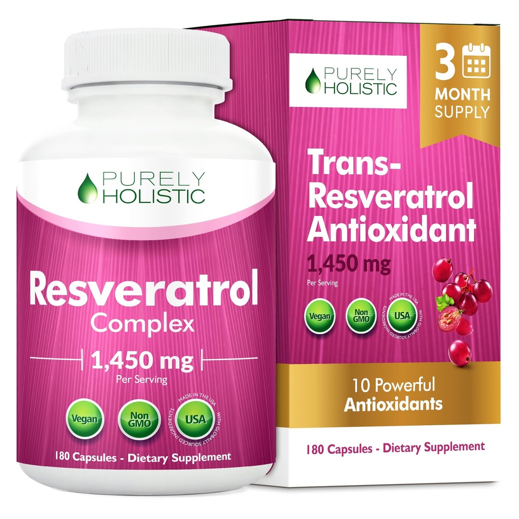 Resveratrolo puro olistico 1450mg, 90 Serve, Trans-Resveratrolo Antiossidante Supplemento con vitamina C e Polyphenol Complex, 180 capsule vegane
