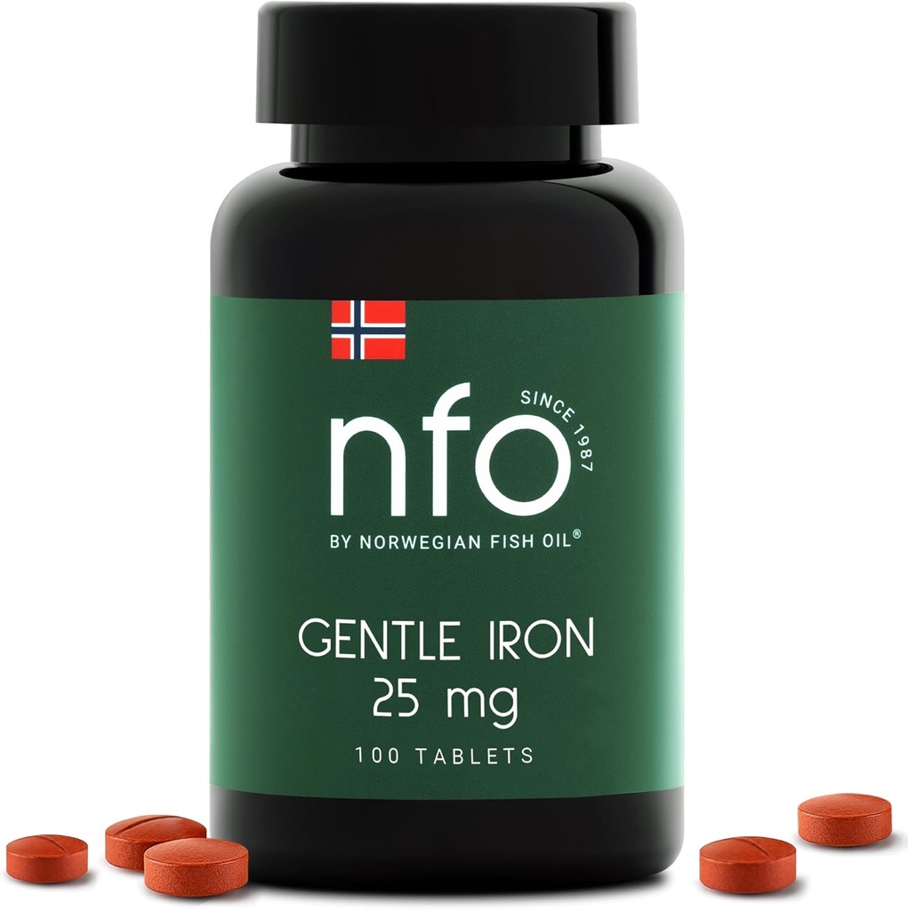 NFO Gentle Iron [100 compresse] Norwegian High-Absorption Iron Complex with Patented Ferrochel Chelated Iron, Gentle on The Stomach, Vegan-Friendly, Non-Constipating