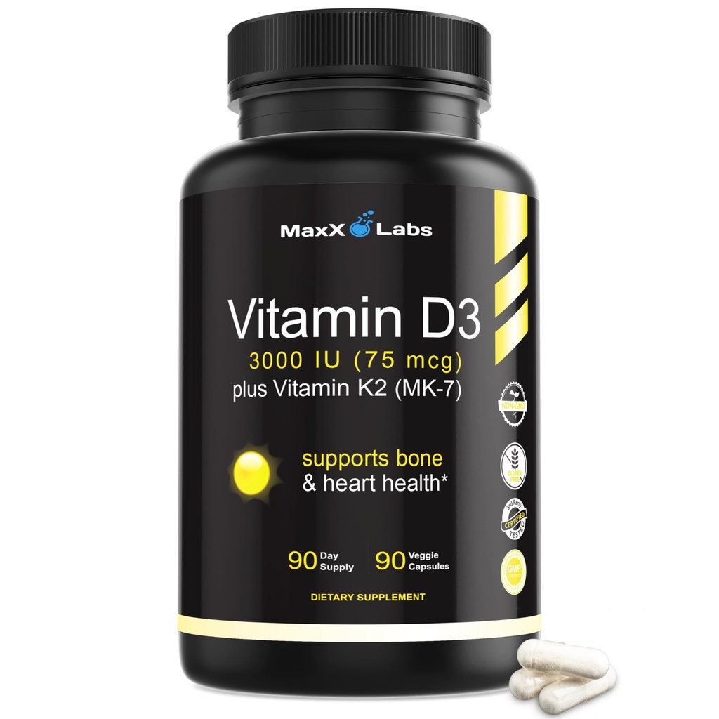 Vitamina D3 K2 3000 IU - con vitamina K come MK-7 da Natto - Alto potere vitamina D supplemento Supporta Bones sani, denti, cuore e funzione immunitaria, senza glutine - 90 capsule