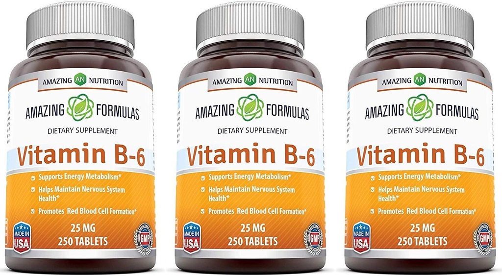 Stupefacente formula vitamina B6 Pyridoxine 25mg 250 compresse supplemento | Non OGM | Gluten Free | Made in USA (3 Pack)