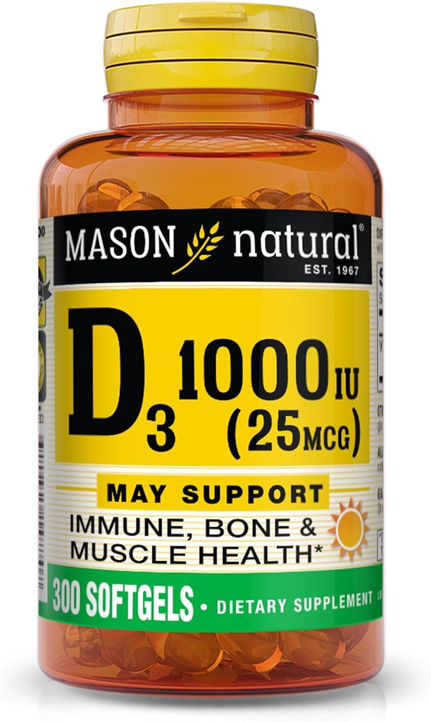 MASON NATURAL Vitamina D3 25 mcg (1000 IU), Supporta la salute generale, rinforza le ossa e i muscoli, da Fish Liver Oil, 300 Softgels