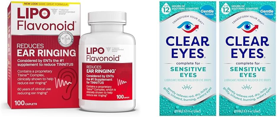 Lipo-Flavonoide Tinnitus Relief Ear Health Vitamins 100 Caplets & Clear Eyes Sensitive Drops 0.5 Oz 2 Pack Bundle
