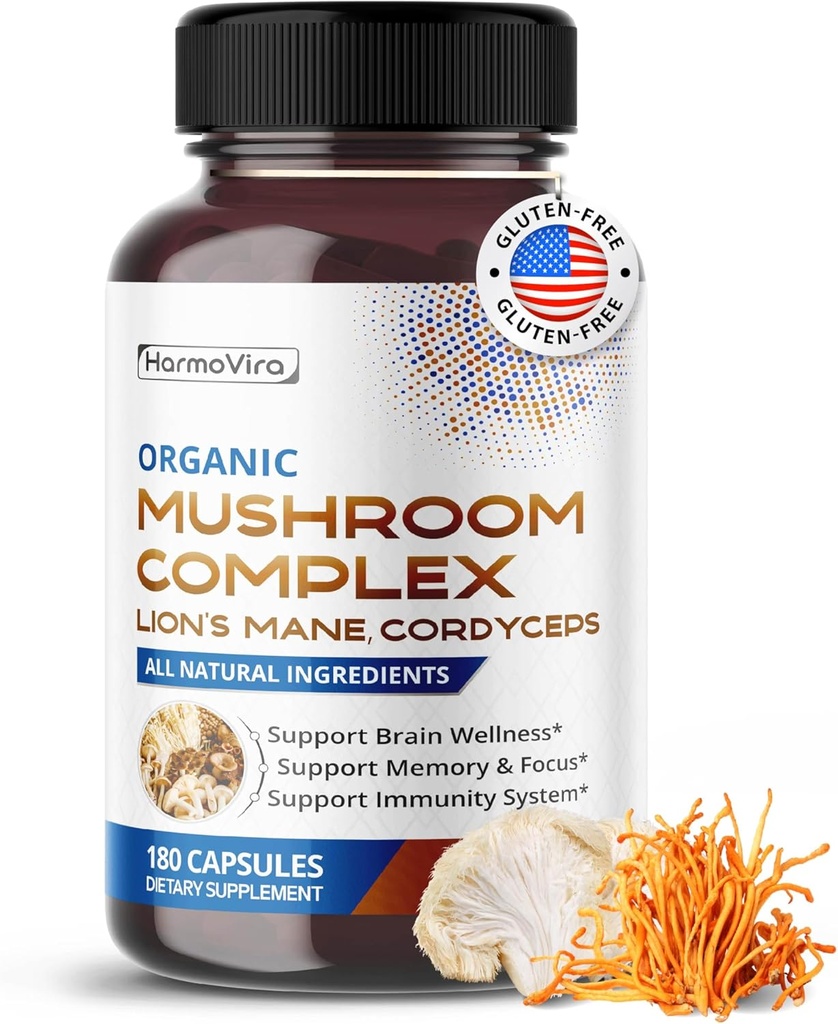 Organic Mushroom Complex with Lion's Mane, Cordyceps & Turkey Tail – Brain, Memory & Immune Support – 180 Capsule (6-Month Supply)