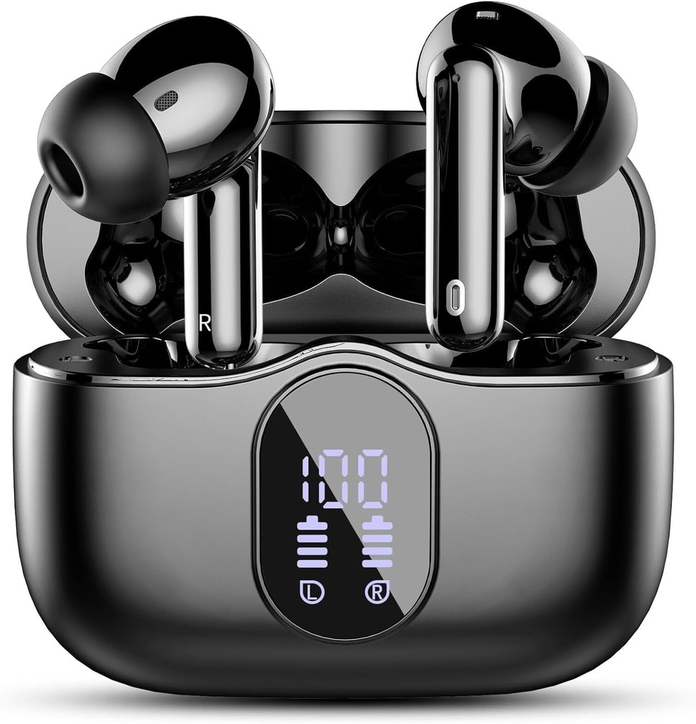 Earbuds wireless, Bluetooth 5.4 Cuffie Bass Stereo, Auricolare con rumore cancellando display LED Mic, IP7 Impermeabile negli auricolari, 36H tempo di riproduzione per i telefoni del computer portatile Allenamento sportivo, Nero