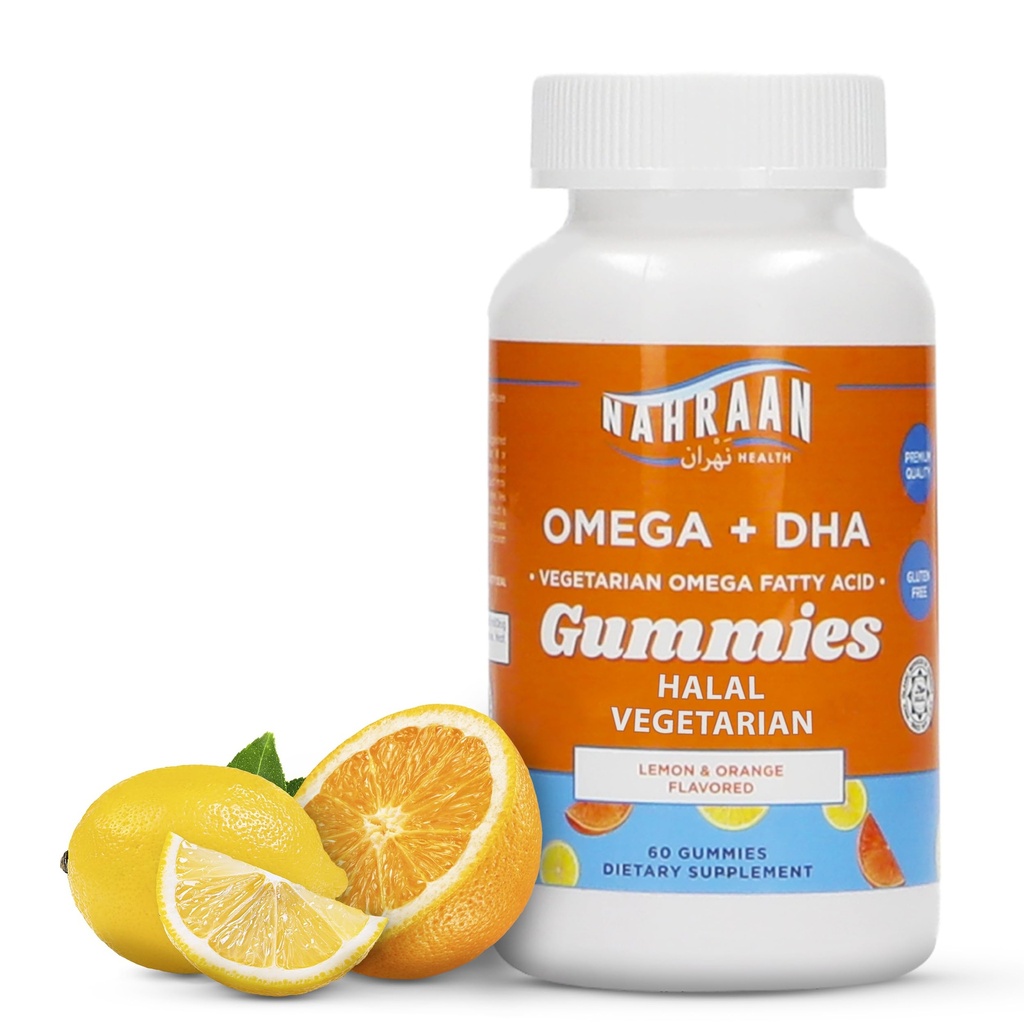 Halal Omega 3 per adulti e bambini - Omega 3 Gummie vegetariane con limone e arancio aroma - Adulti e bambini Gummies - 60 Conte