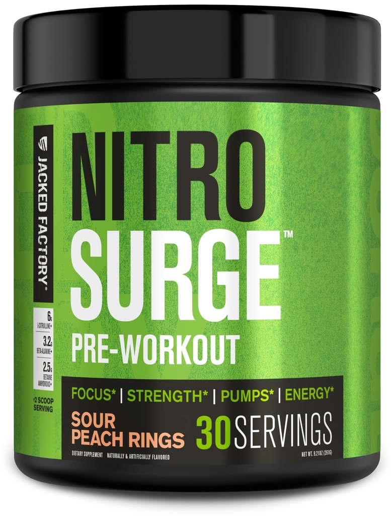 Jacked Factory NITROSURGE Pre Supplemento di allenamento - Energia senza fine, Gains di resistenza istantanea, messa a fuoco trasparente, pompe intenzionali - NO Booster & Potente Preworkout polvere di energia - 30 Serve, Anelli di pesca acida