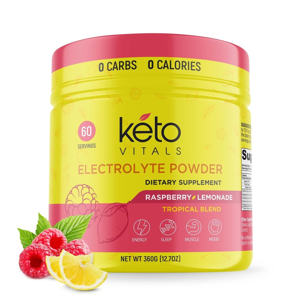 Polvere di elettroliti di Keto Vitals - Polvere di elettroliti di Keto senza zucchero con potassio, magnesio, sodio, e calcio - senza polvere di miscela di bevanda di elettrolita di zucchero e di idratazione, 60 Serve, limonata di lampone