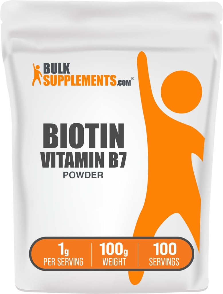 BulkSupplements.com Polvere di biotina 10000mcg - Vitamina B7, Vitamine per capelli, pelle e unghie - Senza glutine, 1g per porzione (10mg Biotina), 100g (3,5 oz) (Pack of 1)