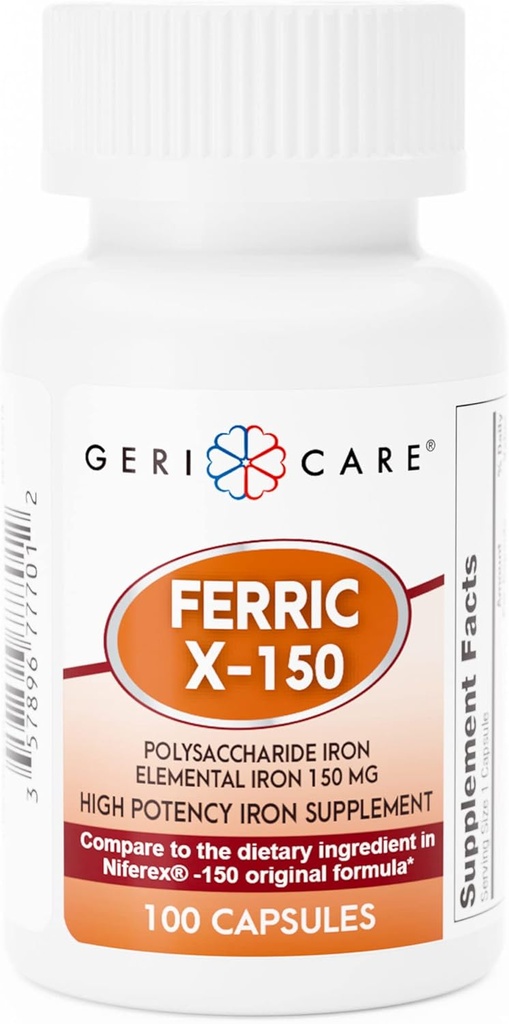 GeriCare Ferric X-150 High Potency Polysaccharide Iron Supplemento, Elemental Iron Capsules, 100 Count (Pack of 1)