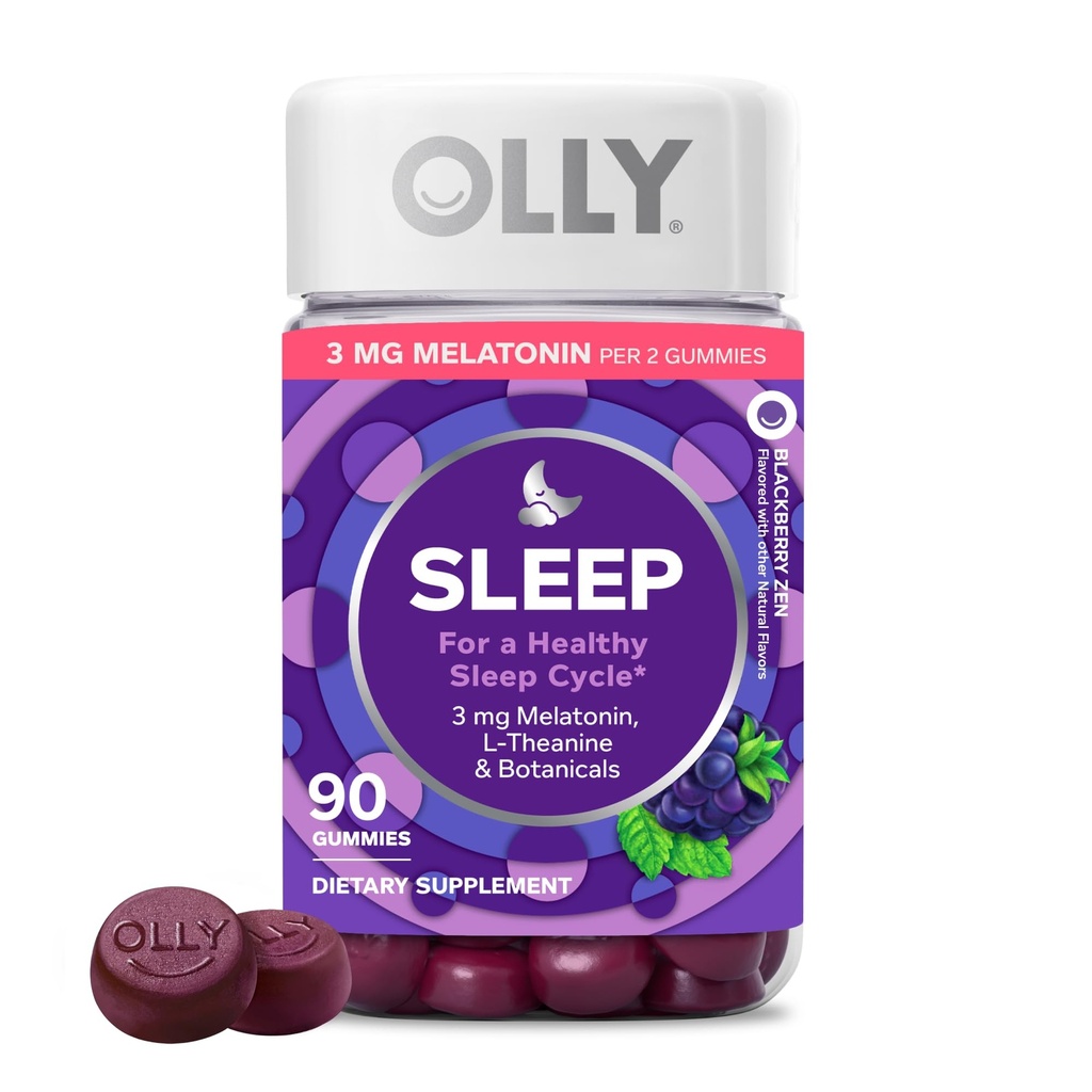 OLLY Sonno Gummy, Melatonina 3mg, L-teanina, Camomilla, Balm limone, Sonno Aid, BlackBerry, 90 Conte