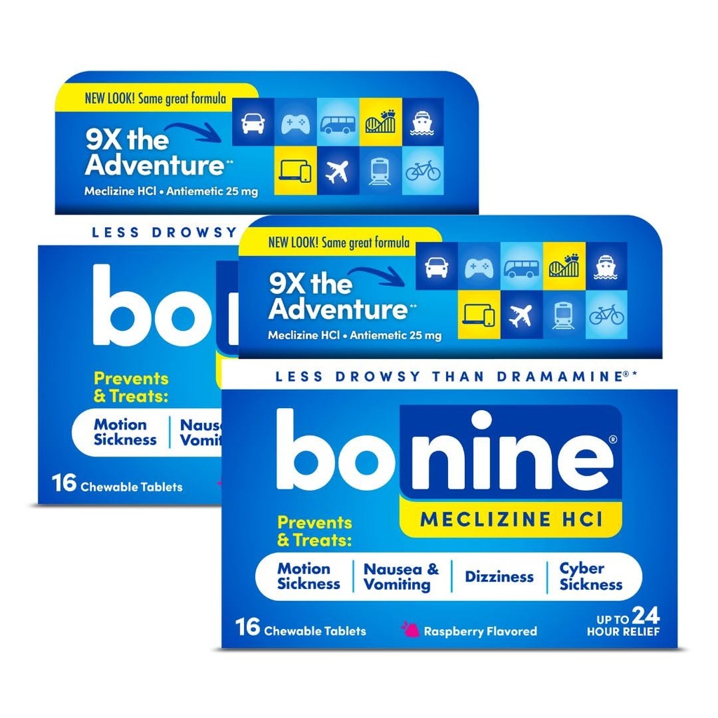 Rilievo di malattia di movimento non sonnolenta di Bonino - 32 compresse masticabili con Meclizine HCL 25mg - Medicina non dolorosa per nausea marina o movimento - Crociera Essentials - Raspberry Flavor
