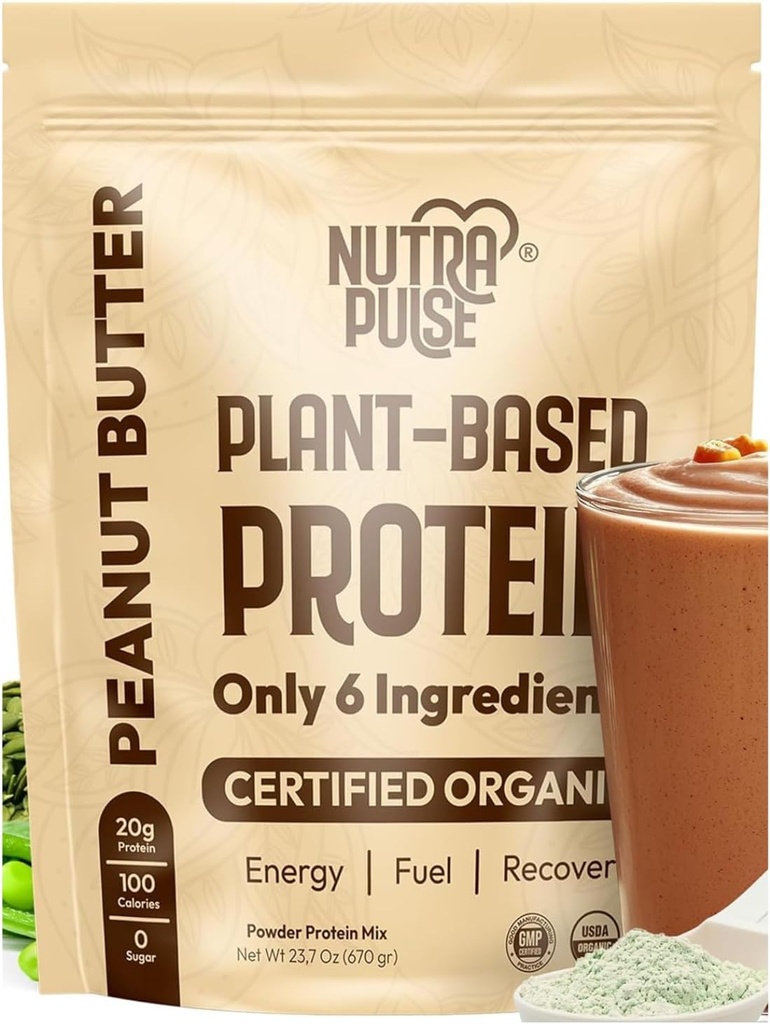 Polvere di proteina vegana organica – aroma di burro di arachidi, pianta-basata, senza glutine, non OGM, Soy-Free, 20g Protein Per Serving, Ideale per Smoothies, Shakes, Cuocere, Cucina (1 pacchetto, 20 Serve)