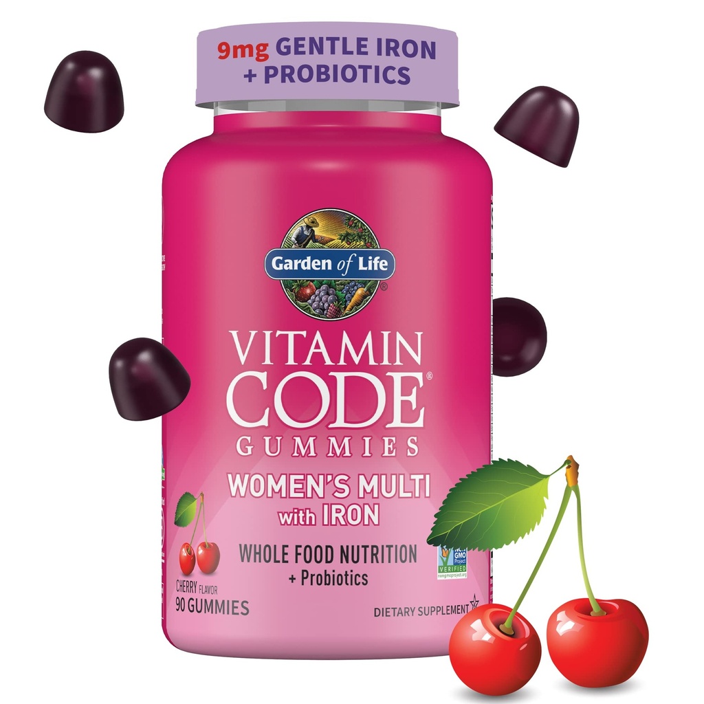 Gomma Multivitaminica da donna con ferro: Folato, Biotina, D3 & B12 per capelli, Pelle & Nails + Probiotici per salute e digestione immunitaria, Non OGM, Senza glutine, 90 Gummie di ciliegia