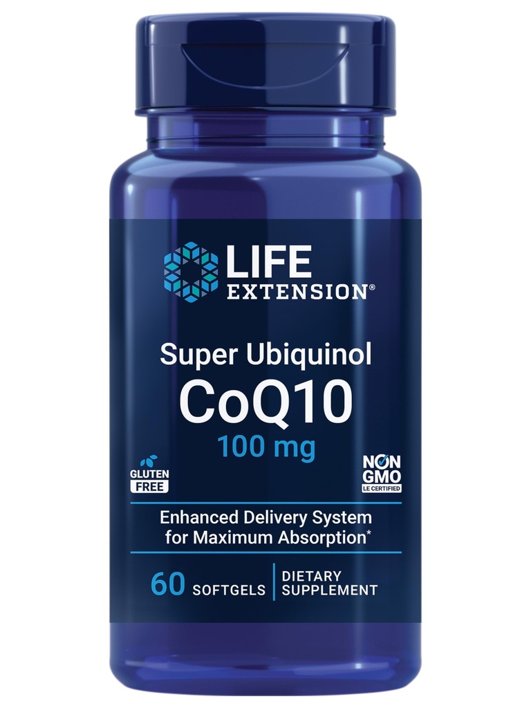 Estensione della vita Super Ubiquinol CoQ10, supplemento di salute del cuore, energia cellulare, difesa dello stress ossidativo, assorbimento massimo, 100 mg, non OGM, senza glutine, 60 softgels