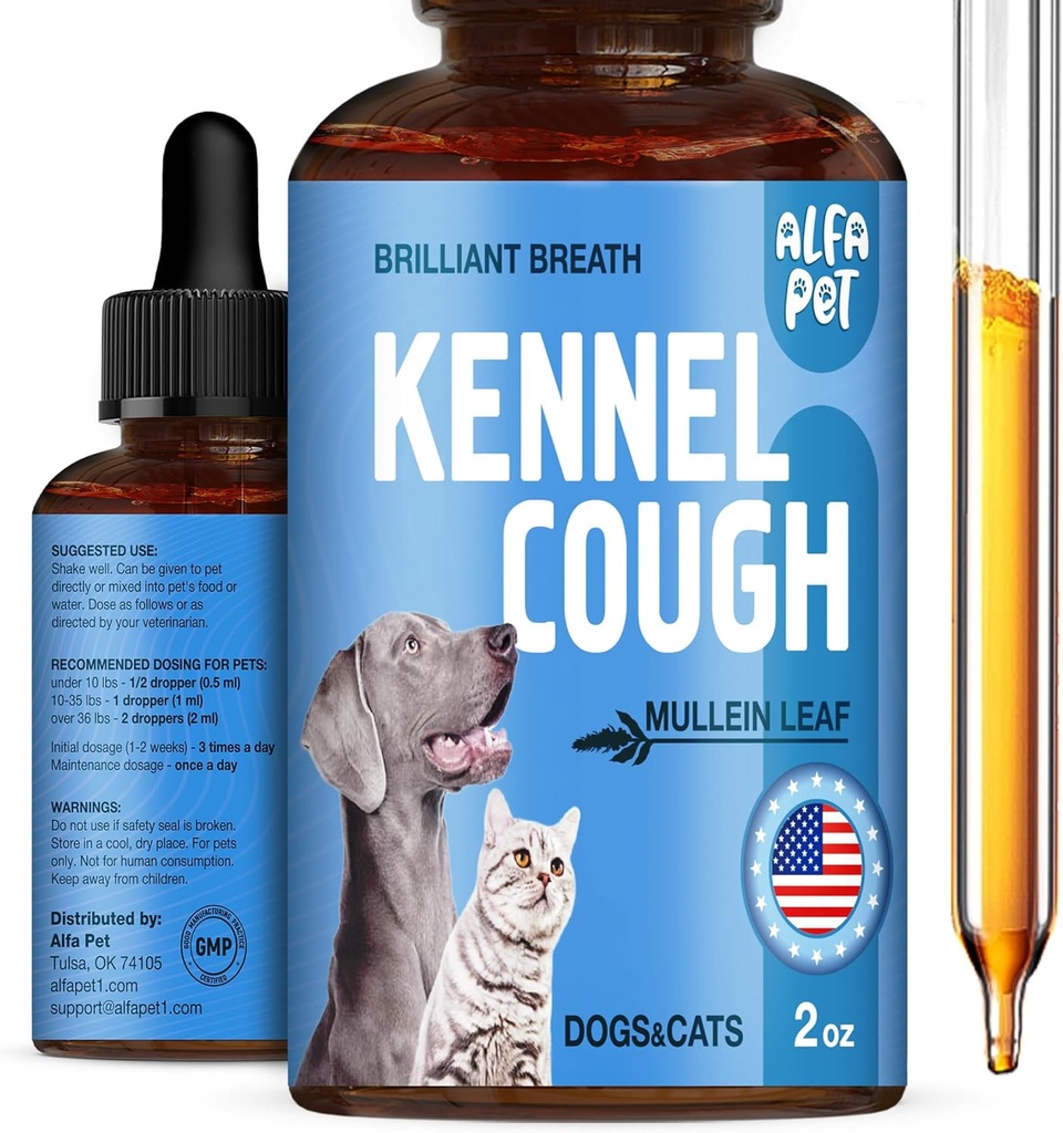Liquido di trattamento della tosse del cane • Tosse del Kennel per cani e gatti • per respirare durante tutto il ciclo di vita • Radice di Marshmallow + Foglia di Mullein nella composizione • Supplemento naturale per tutte le razze • 2 Oz