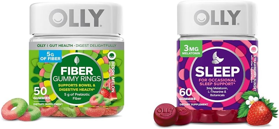 OLLY Fibra Gummy Anelli 50ct & Sleep Gummy 60ct con Melatonin, L-teanina, camomilla, Lemon Balm