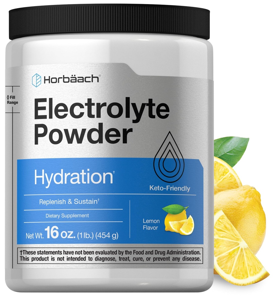 Horbäach Electrolytes Powder | 16 oz | 130 Servings | Integratore di idratazione | Vegetariano | Keto-Friendly | Non OGM, Gluten Free Formula | Limone Flavor
