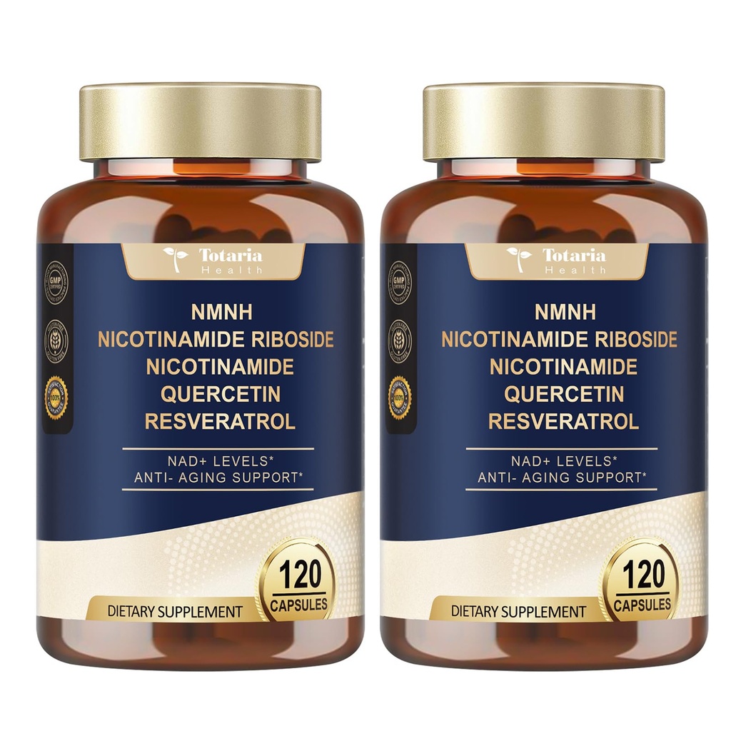 Totaria NMNH (Dihydronicotinamide Mononucleotide), NMNH Supplement w/Niacinamide (Vitamina B3), Quercetina, Trans-Resveratrolo, Supporto NAD+, Anti-invecchiamento, Skin Cell Health & Energy, 240 Count