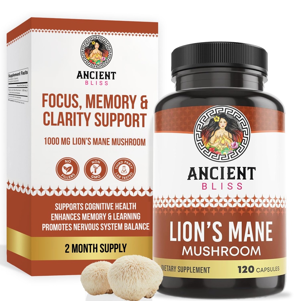 Antica Bliss Lion's Mane Supplemento (2 Mesi di Alimentazione)- 120 Vegan Mushroom Capsule- Maggio Supporta Clarity Mentale, Energia & Maggio Focus- Memoria & Supporto Immune Mushroom Supplemento
