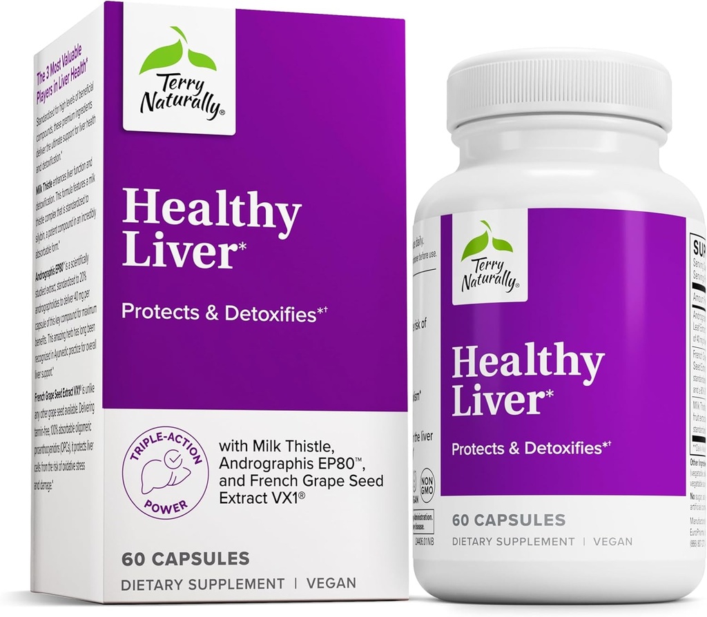 Terry Naturally Healthy Liver - Funzione del fegato & Health Support Supplement - Supporto per la salute cellulare con Andrographis EP80 & French Grape Seed Extract - Integratore alimentare senza glutine - 60 capsule