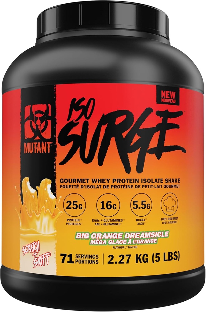 Mutant ISO Surge Whey Protein Isolate Powder agisce rapidamente per aiutare a recuperare, costruire il muscolo, la massa e la forza (5 Pound, grande crema arancione)