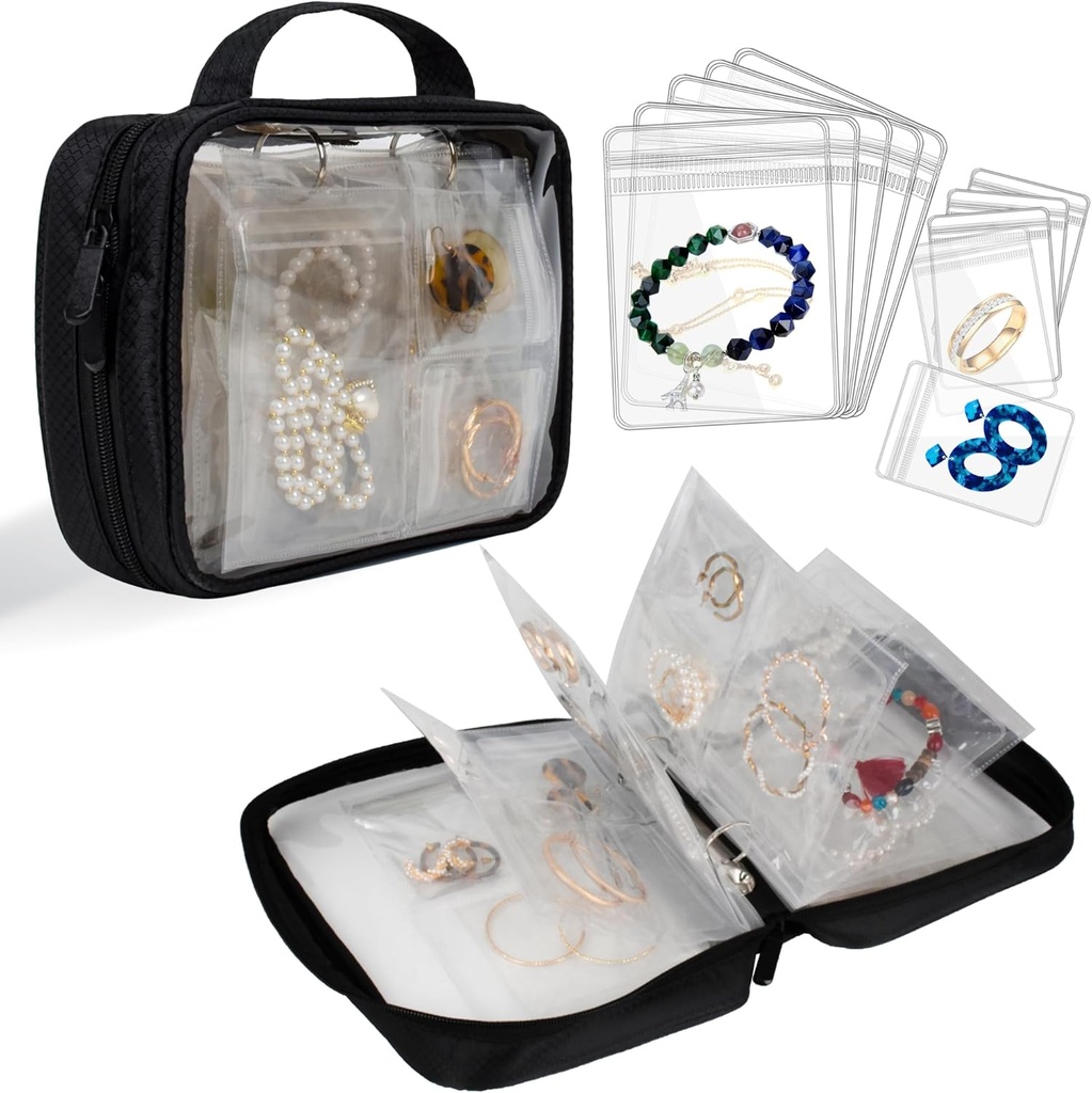 Travel Jewelry Organizer Case Gioielli Trasparenti Archiviazione Prenota Binder Bag per Orecchini, Anelli, Collana, Bracciale, Nero