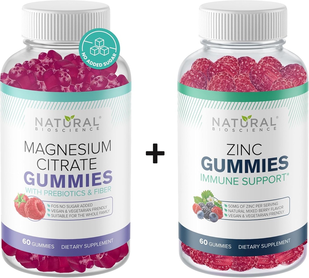 Zucchero Gratuito Magnesio Gummies & Extra Forza Zinco Gummies, Vegan, Senza Glutine, Calma, Rilassamento, Salute Del Muscolo, Sostegno Immune, Salute Della Pelle, Non OGM, 60 Vitamine Del Gomma