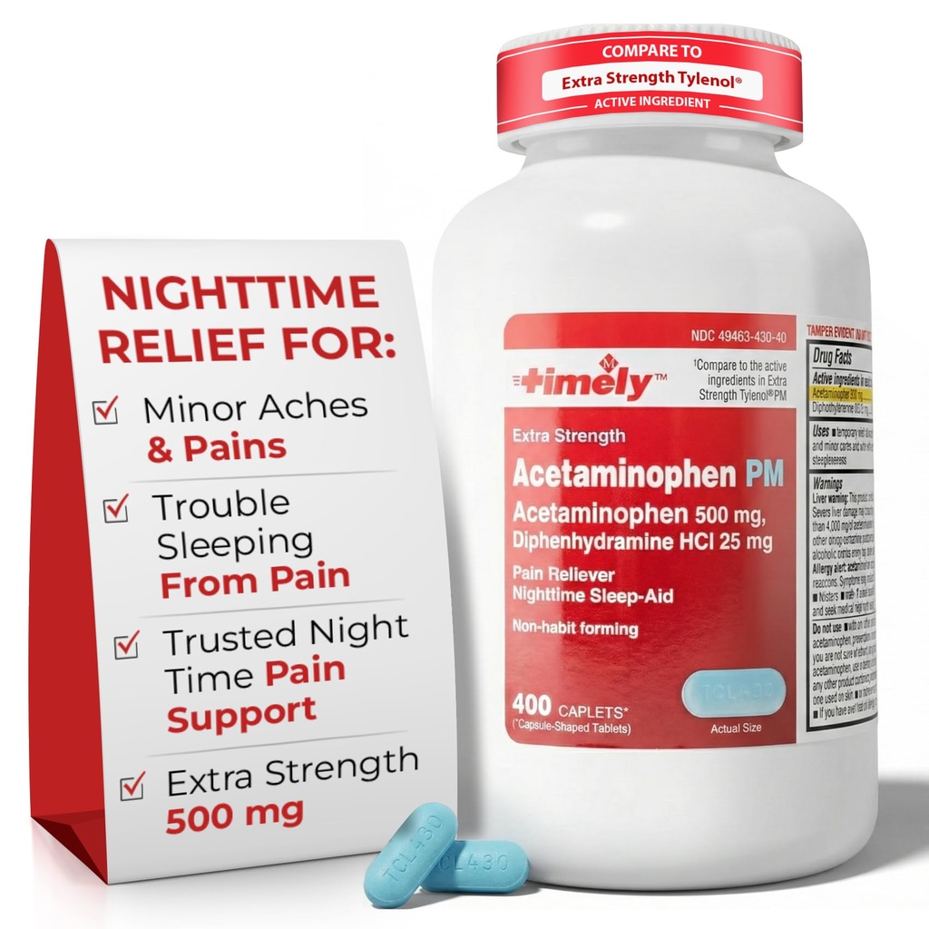 TIME-CAP Los Angeles, INC. Timely Acetaminophen PM - Extra Strength PM - 400 Count - Rispetto a Tylenol PM Extra Strength - Sollievo del dolore PM per una buona notte di sonno - Made in USA