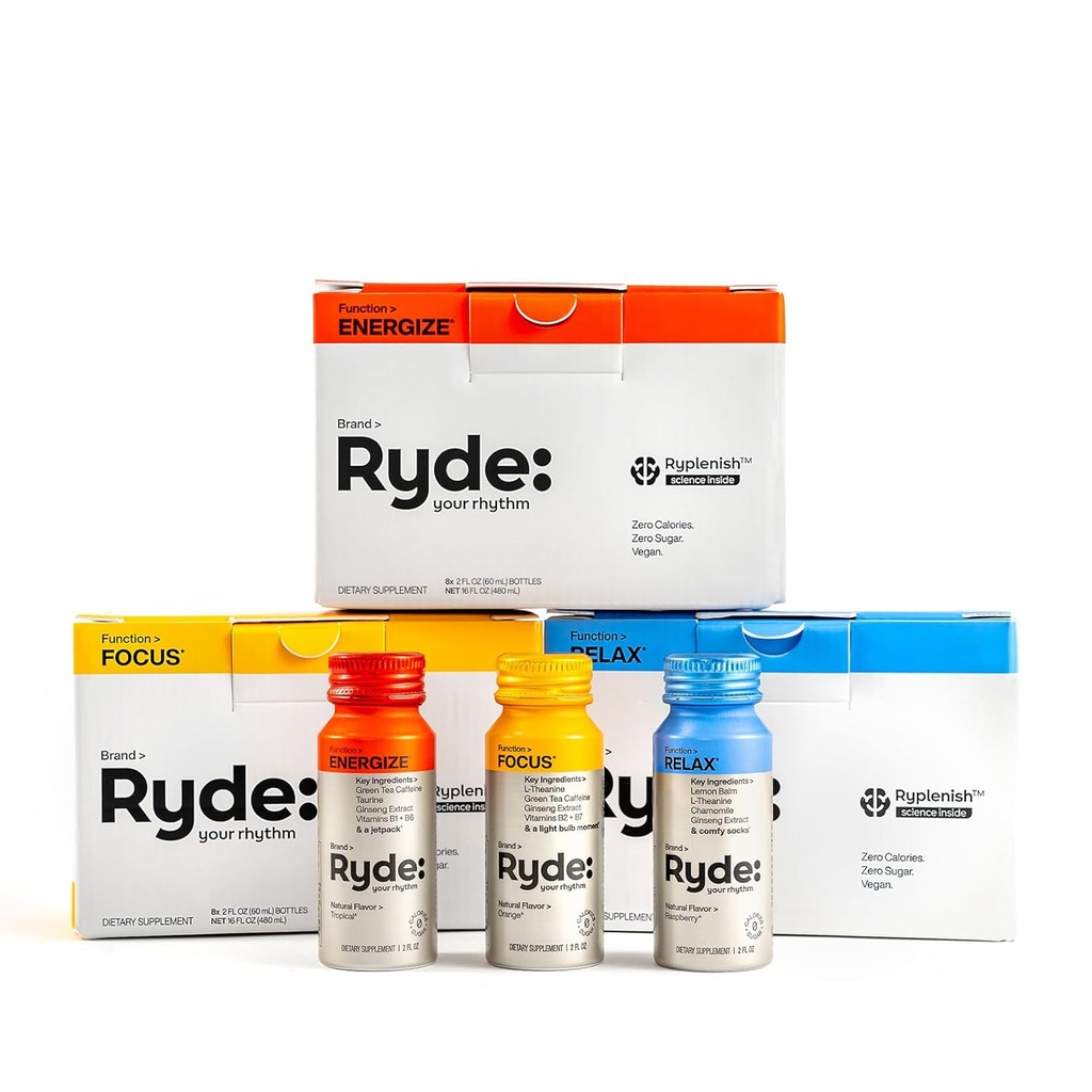 Ryde: Discovery Pack | Energize, Focus & Relax Shots | Green Tea Caffeine, Taurine, Ginseng, B Vitamins, L-teanina, Lemon Balm, Chamomile | 0 Calories, 0 Sugar | Variety Pack – Prova Them All (24 Pack)