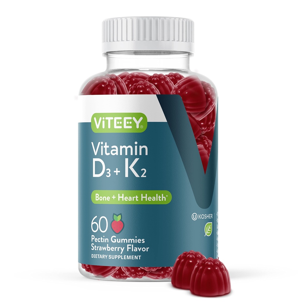 VITEEY Vitamin D3 K2 Gummies - 1000 IU Vitamin D3 e K2 100mcg - Bone & Heart Health for Adults and Teens - Vegetariano, Gelatin Free, GMO Free - Tasty Chewable D3K2 Vitamine Gomma aromatizzata alla fragola