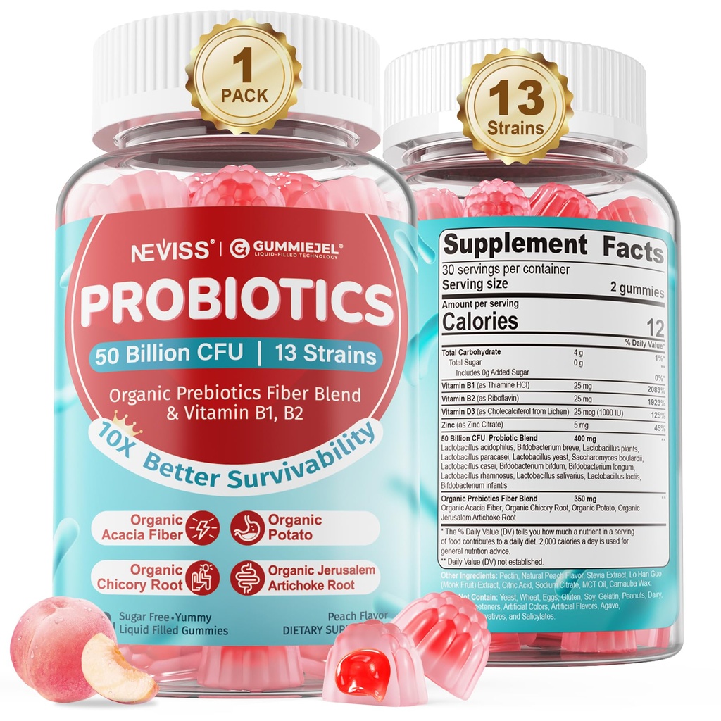 Probiotici NEVISS + Prebiotici Gummies per adulti e bambini 4+, Zucchero Masticabile 50 miliardi di CFU w/Fiber, Vitamina B1 B2 D3 & Zinc, per la salute digestiva & Gut, Boost Microflora Diversity, 60 Ct