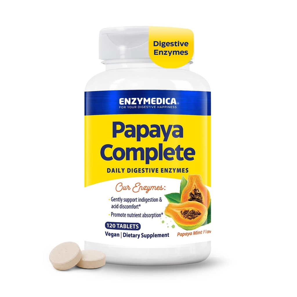 Enzymedica Papaya Enzymes Chewable, Digestive Enzymes for Women and Men, with Organic Papaya Juice and Chlorophyll, High Potency Bromelain & Papain, Vegan, Mint Flavor, 120 Tablet
