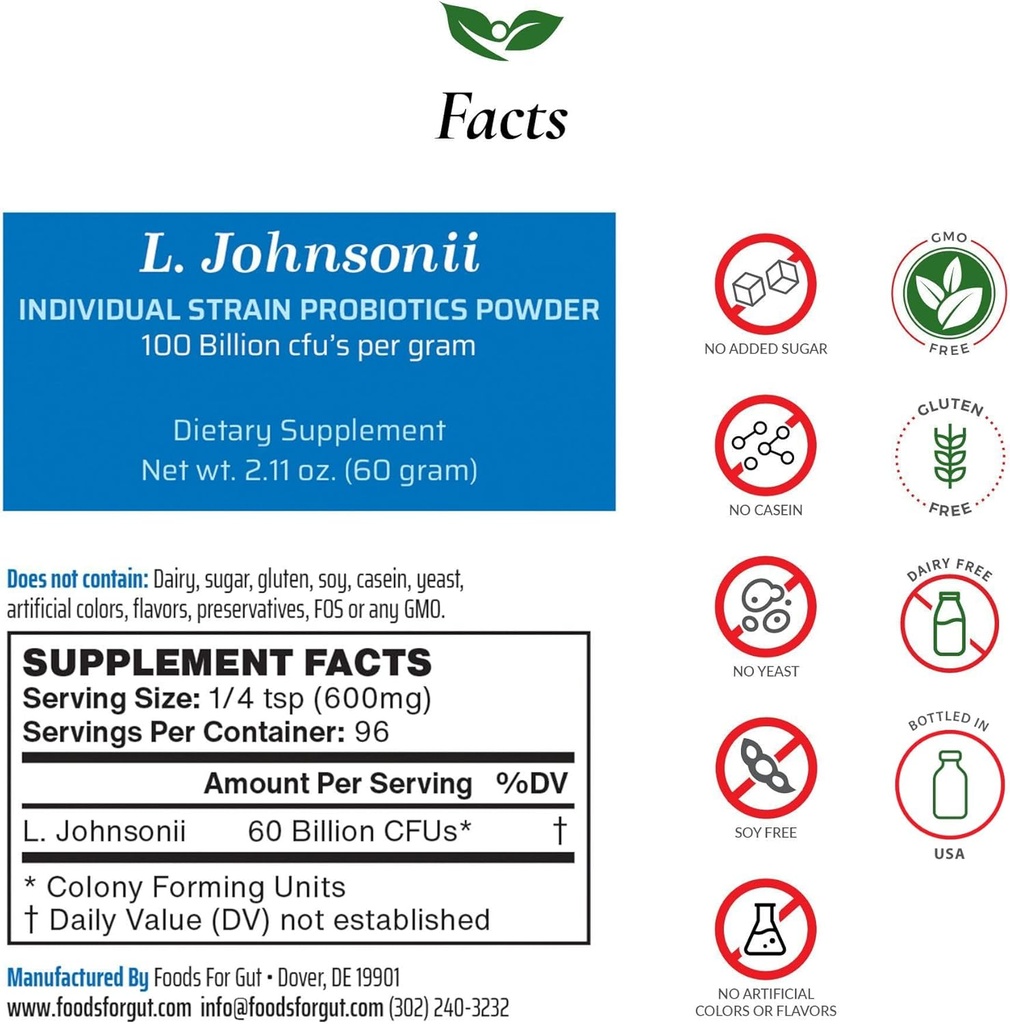 Alimenti per Gut Lactobacillus Johnsonii Probiotic Powder 100 Billion cfu's | No Additives | Diretto dal produttore | No Third-Party Storage | Supporto immunitario | L. Johnsonii | 60 Grammi (2.11 Oz)