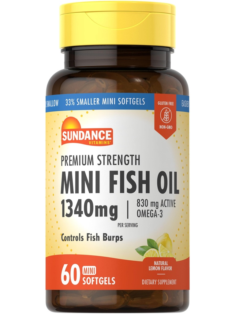 Sundance Mini Fish Oil Softgels 1340mg | 60 Count | Controls Fish Burps | Formula di resistenza Premium con Omega-3 | Natural Lemon Flavor | Non OGM e Gluten