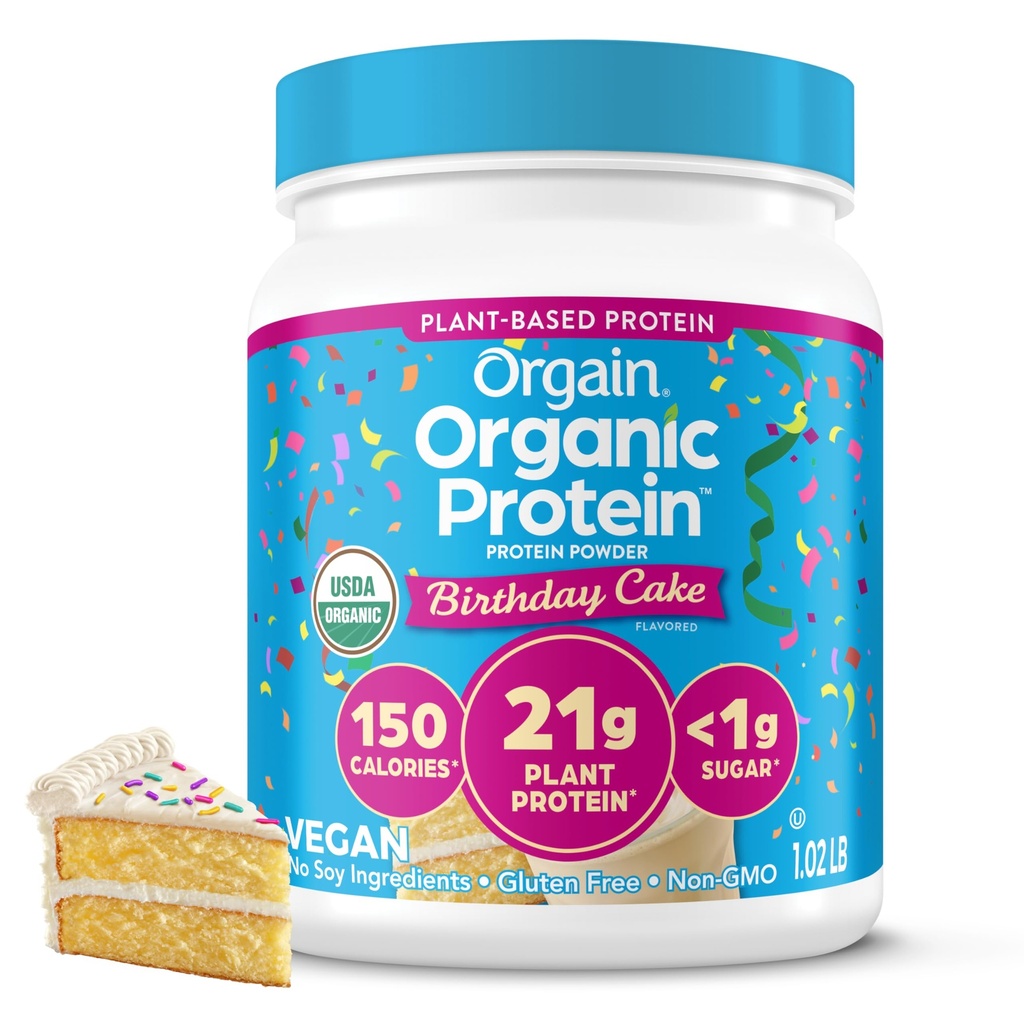 Orgain Organic Vegan Protein Powder, Torta di compleanno - 21g Proteine basate sulle piante, 7g fibra prebiotica, Carbo basso netto, Nessun Lattosio ingredienti, Non Aggiunto Zucchero, Non OGM, per Shakes & Smoothies, 1.02 lb