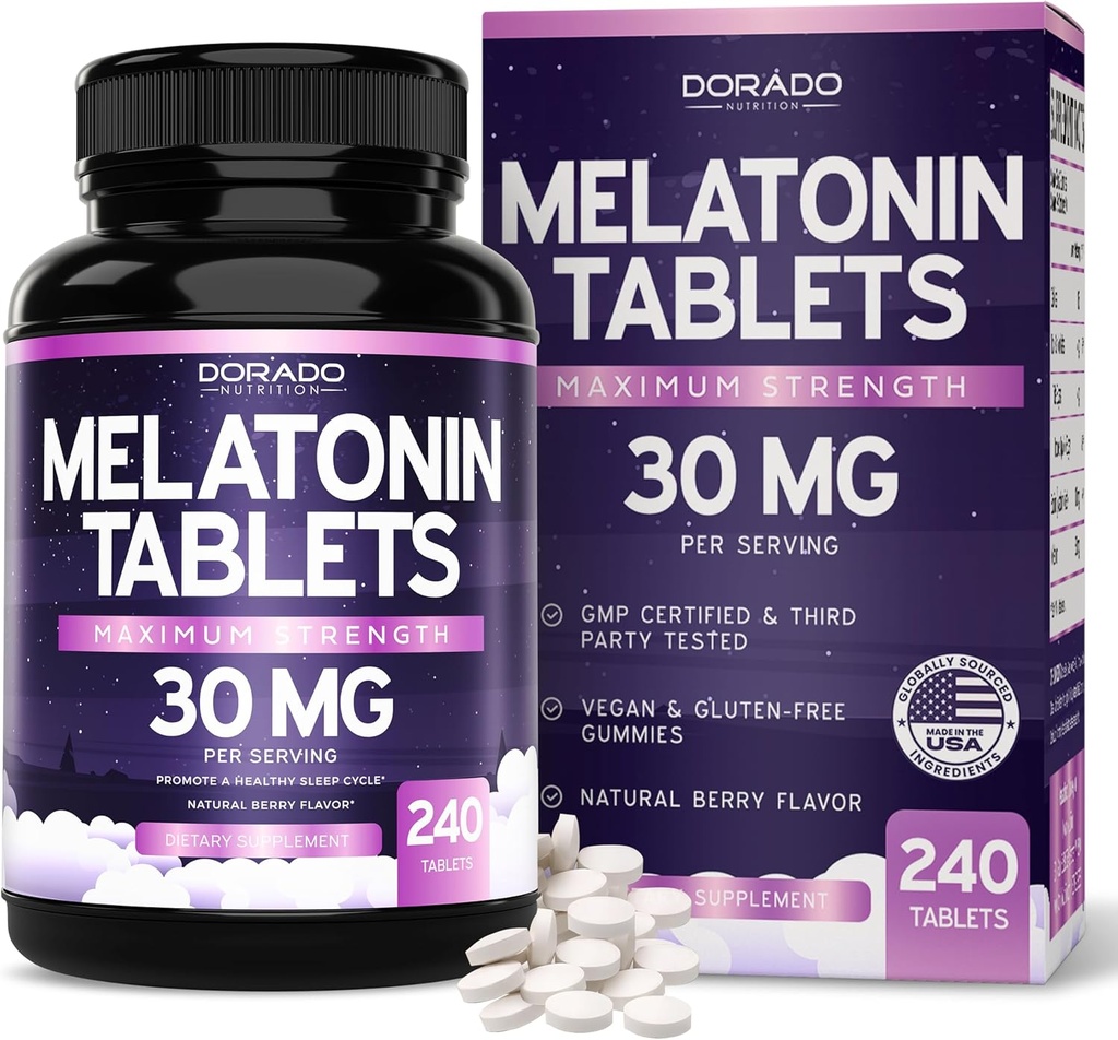 Melatonin 30mg compresse per adulti (240 compresse) - Tavolino disciolto veloce con 30mg di Melatonin Per Tablet - Gluten-Free, Non OGM, 100% Vegetariano, & Great Tasting - Aroma di bacche miste - Made in USA
