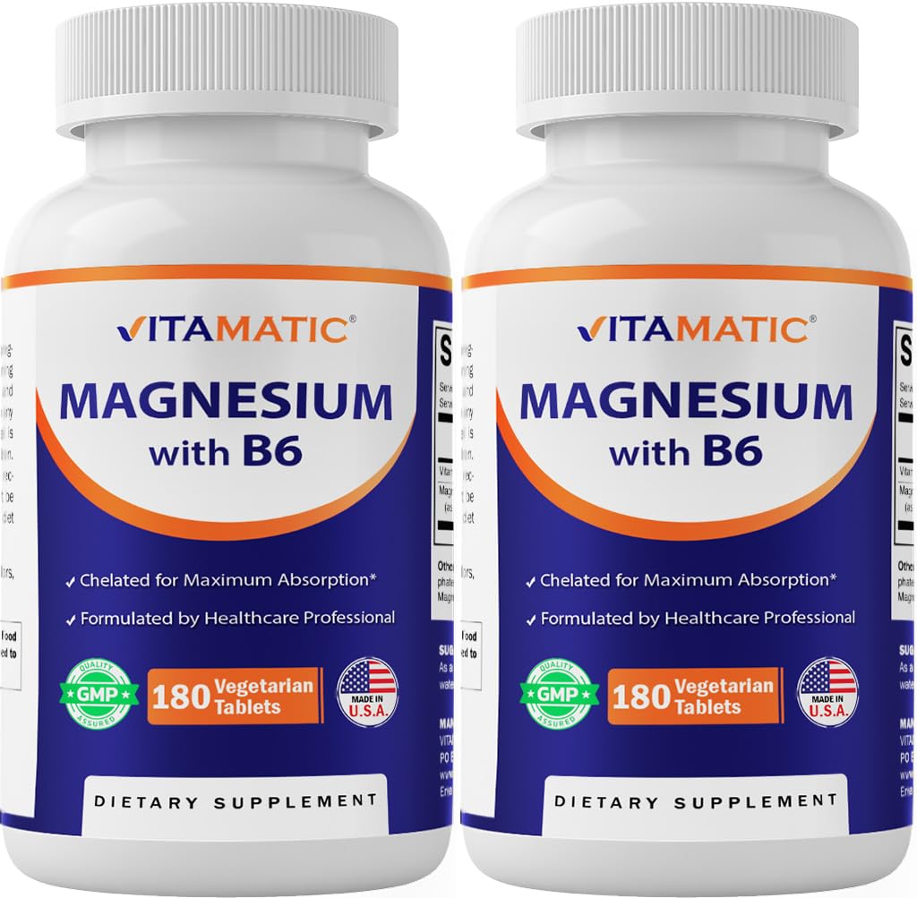 Magnesio Vitamatico con B6-180 Compresse Vegetariane (Uncoated) - Aggiunto B6 per Assorbimento Massimo - Supporta Muscolo, Giunto e Salute Del Cuore - 2 Confezione
