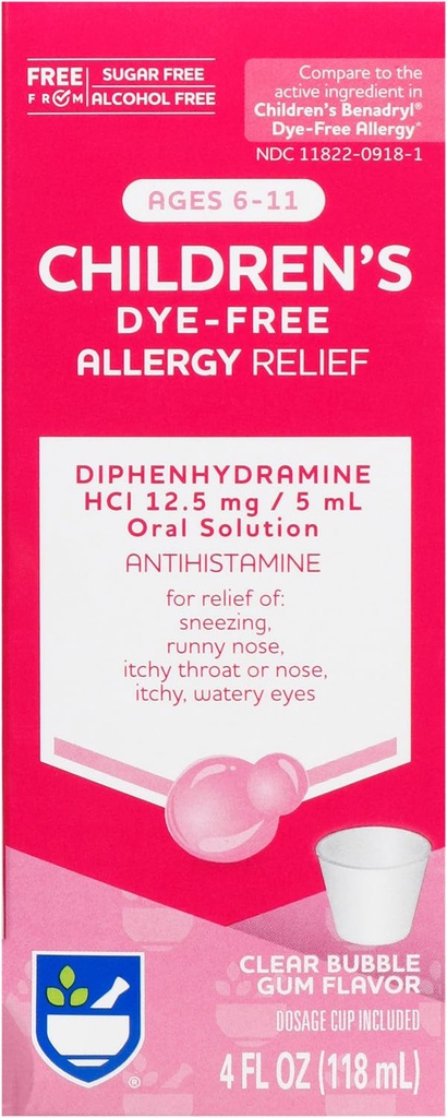 Rite Aid Children's Allergy Relief, Diphenhydramine HCI, Bubble Gum Flavor, 12.5 mg - 4 oz | Antihistamine | Medicina dell'allergia infantile | Medicina dell'allergia | Pillole allergiche | Medicina dell'allergia per bambini