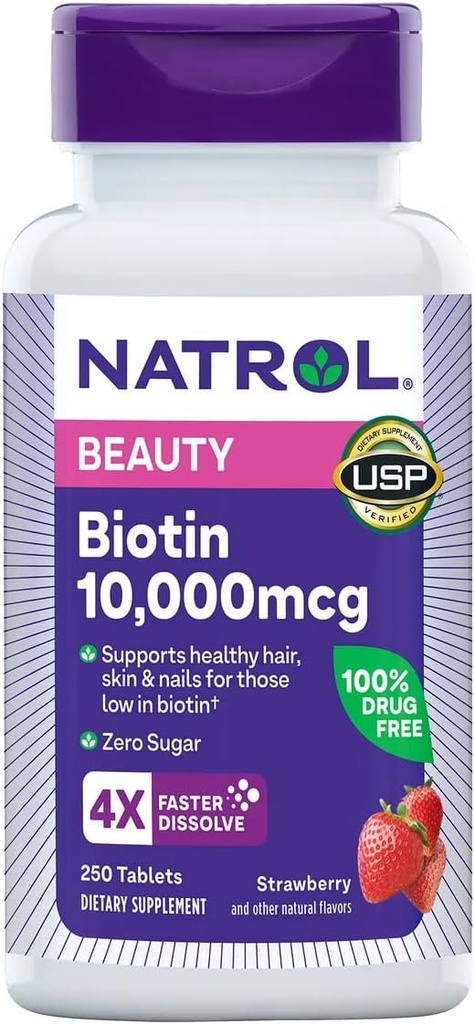 Natrol Biotin 10000 mcg, Aroma di fragole, Tabelle di dissolve veloci, Resistenza extra, 250 Conte