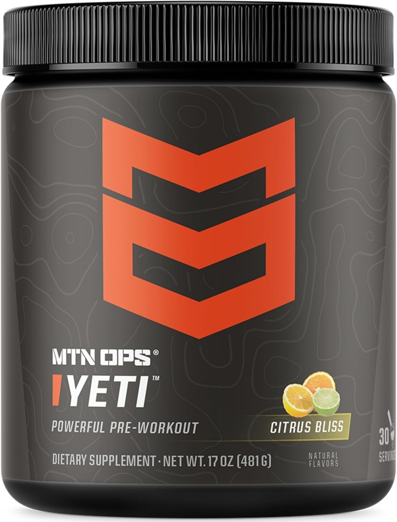 MTN OPS Yeti Pre-Workout Polvere Energy Drink con Creatina, 200 mg Caffeina e BCAAs con Beta Alanine, 30-Serving Tub, Citrus Bliss