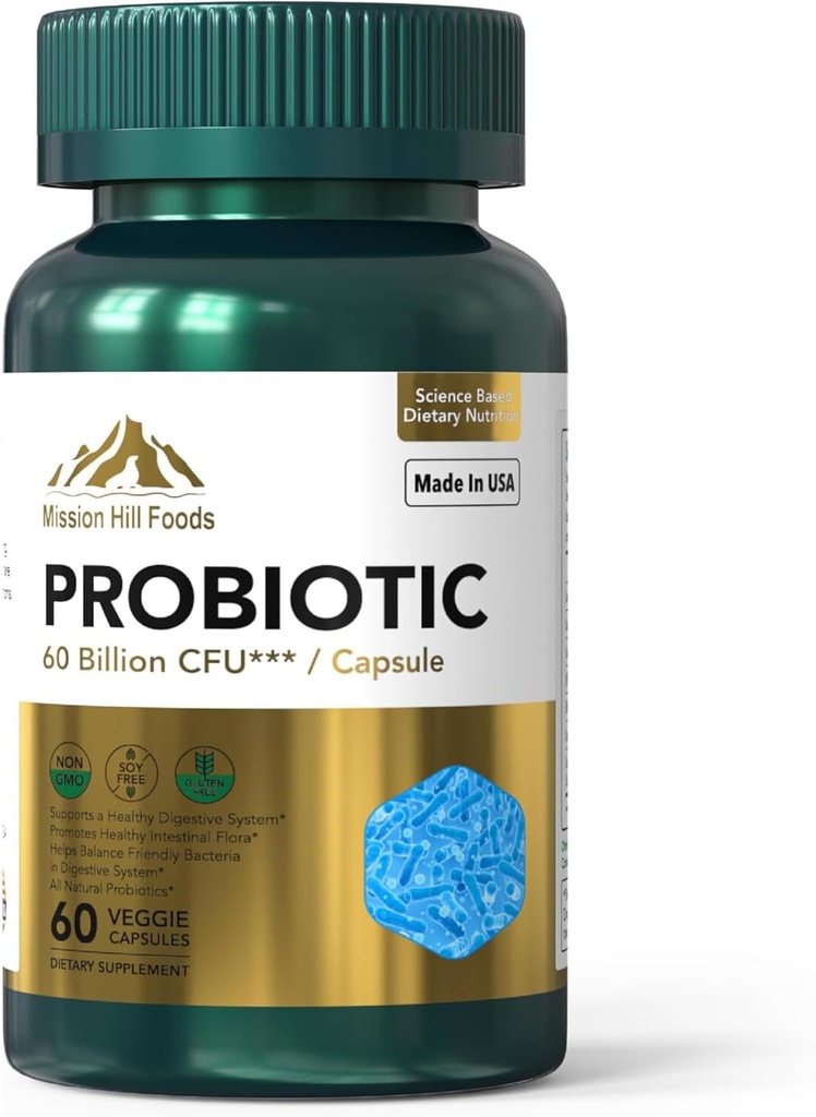 Probiotici 60 miliardi di CFU | Supporta la salute digestiva e immunitaria (1 Bottiglia-60 capsule-2mo di alimentazione) | Contiene 7 naturali Probiotici Strains | Non OGM Gluten & Soy Free