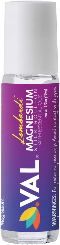 VAL Lombardi Magnesium Stick Rollon con menta piperita e altri oli essenziali - Cooling Comfort per la testa. Rullo di metallo. Realizzato in USA. 10 ml.