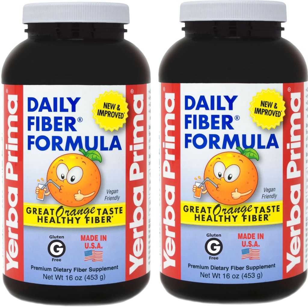 Yerba Prima Daily Fiber Formula 16 oz (Pack of 2) - Premium Dietary Fiber Supplement, Non-GMO, Gluten Free, Made in the USA, Orange Flavor