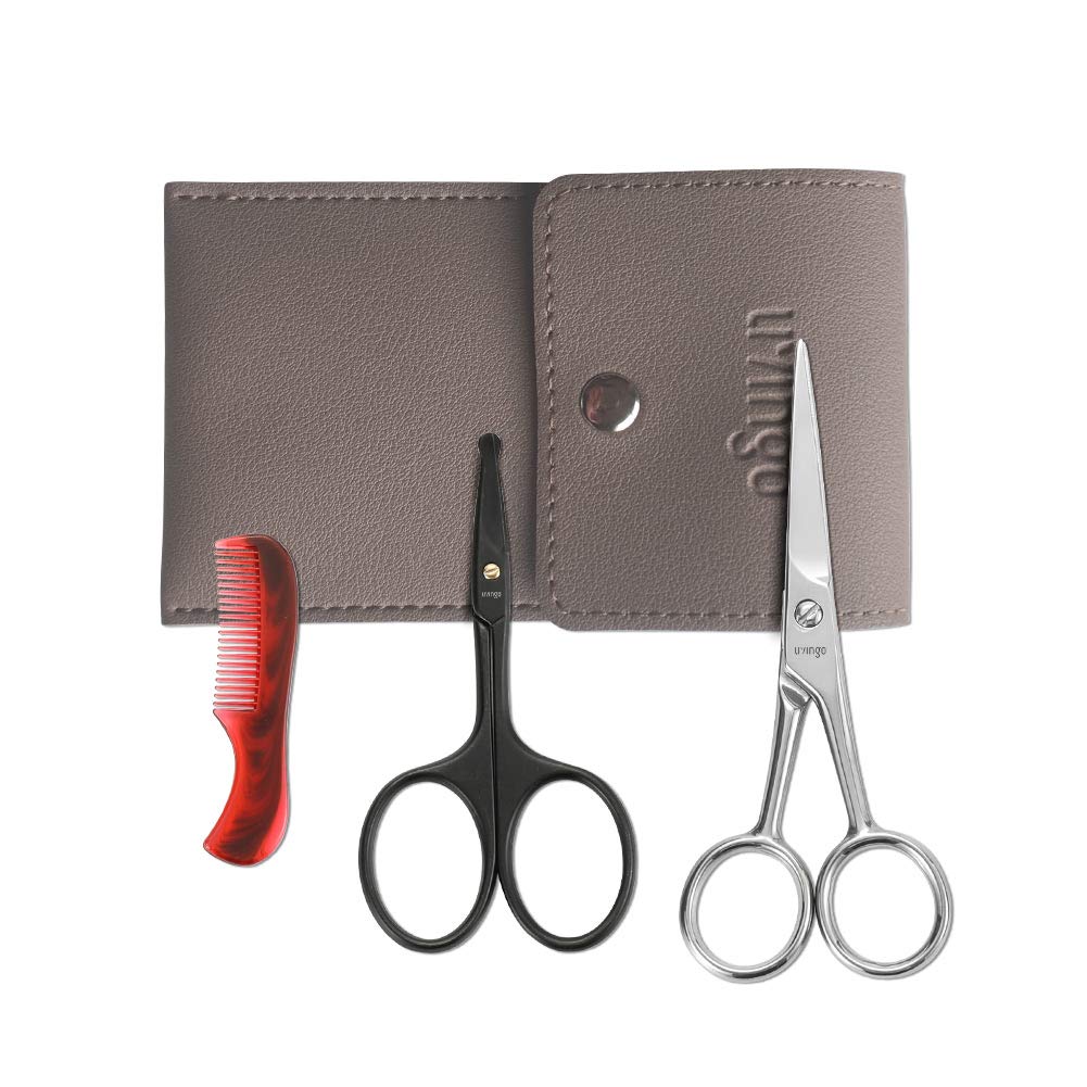 LIVINGO 4,5 pollici Beard & Mustache Forbici per gli uomini, Professional Rounded Tip Safety Sharp Acciaio inossidabile Piccola bellezza Facial Nose Hair Trumming Shears Kit con Mini Comb e Cassa in pelle