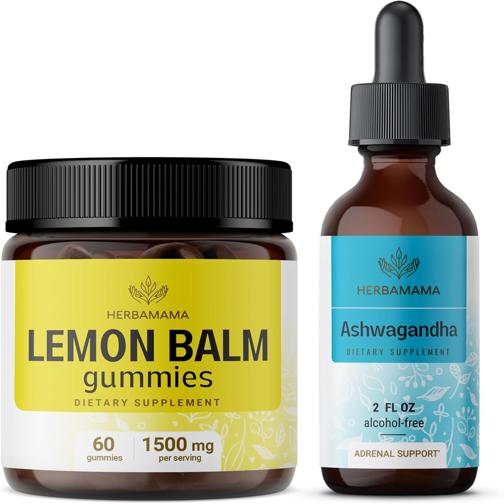 HERBAMAMA Limone Balm e Ahwagandha Kit - Bundle di Limone Balm Gummies & Ashwagandha Liquid Drops 2 fl oz - Vegan, Non OGM, Alcol & Gelatin-Free - 2 Pack