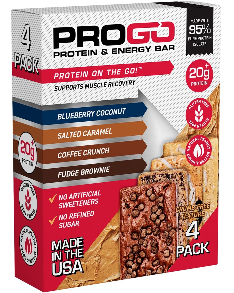 ProGo Protein Bars, Basso Zucchero, Spuntini ad alta proteina (fino a 21g) - 95% Isolato puro per la crescita e il recupero del muscolo più veloce, Calorie basse, burro di arachidi e miele crudo (4-Paese, pacchetto di avviamento)