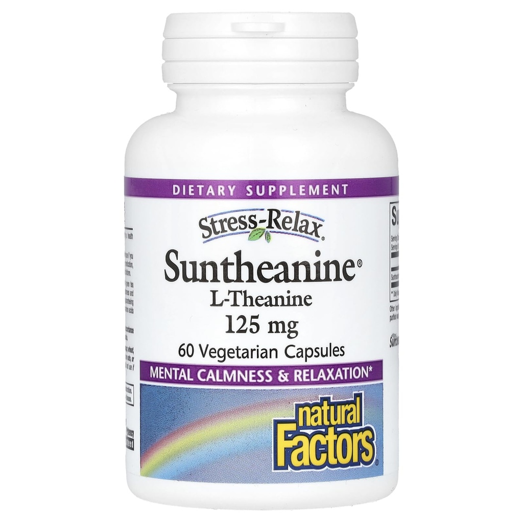 Fattori naturali Stress-Relax Suntheanine L-teanina 125 mg, Non-Drowsy Stress Supporto per calma mentale e rilassamento, 60 capsule