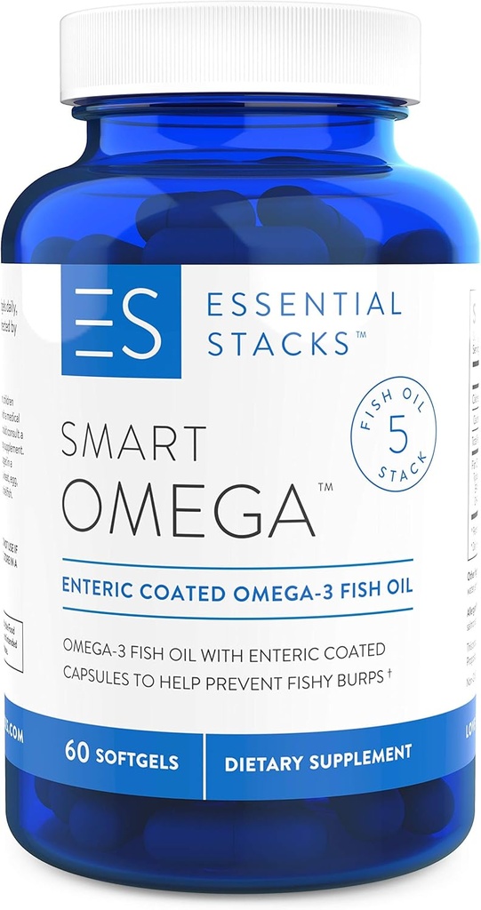 Essential Stacks Smart Omega 3 - Olio di Pesce Burpless - 1400mg EPA DHA Per Serving, Coated Enteric (60 capsule)